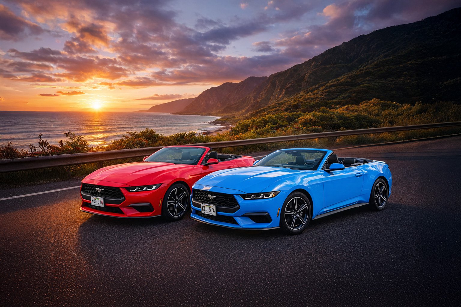 Ford Mustang convertible at sunset on Oʻahu