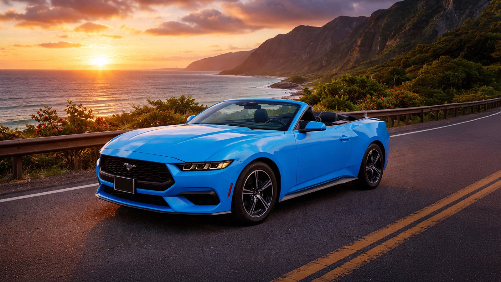 Ford Mustang convertible at sunset on Oʻahu