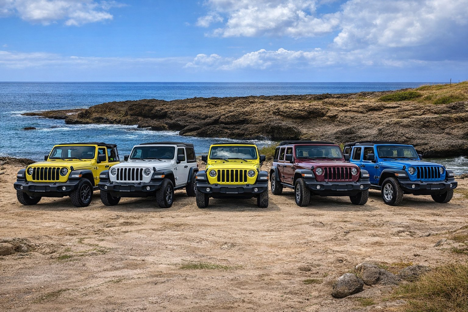 Yellow Jeep Wrangler on a scenic Oʻahu coastline